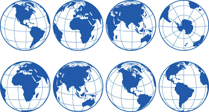 Planet earth world map globe sphere vector illustration set featuring blue geographic continents, latitude longitude grid lines, and global navigation perspective views.