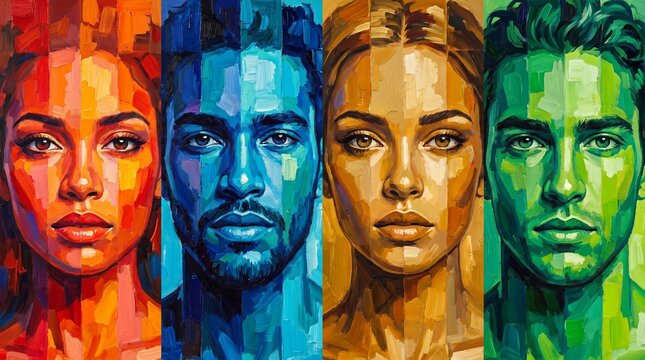 Four stylized portraits of diverse individuals in vibrant, textured color blocks of red, blue, yellow, and green.