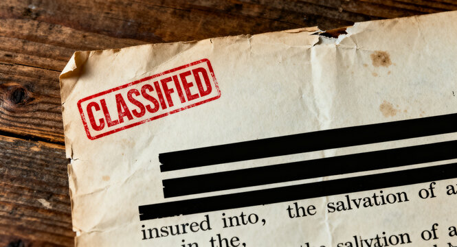 Vintage confidential document with a red classified stamp and redacted black lines on aged paper