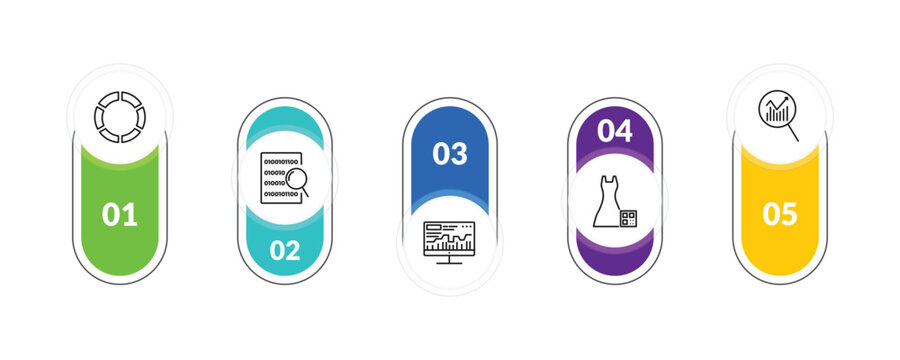 outline business and analytics icons set - data analytics flow, binary data search, dress code, data analytics. editable vector for web and mobile ui