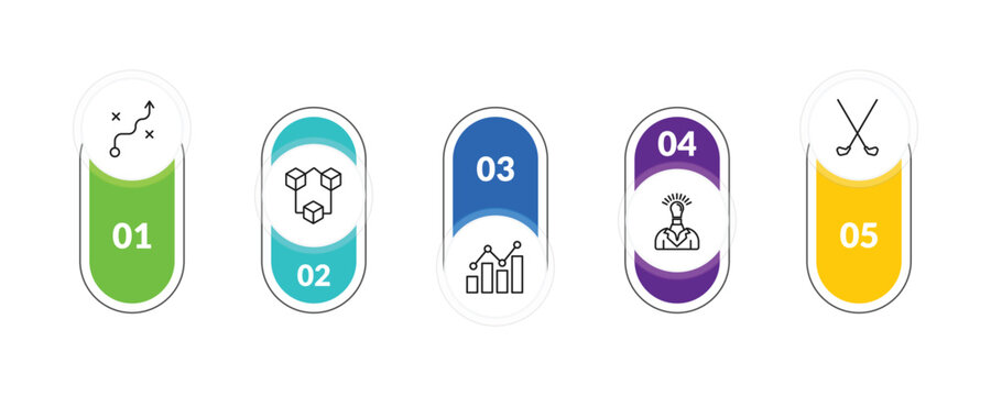 outline business icons set - tactic, connection box chart, solution, golf sticks. editable vector for web and mobile ui