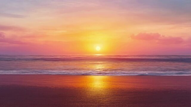 The beauty of the sunset on the beach, with its calm and peaceful atmosphere, reflects sparkling light on the surface of the sea and wet sand.