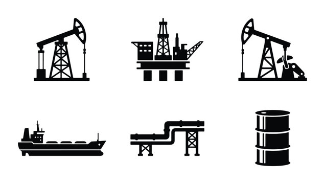 Oil Rig, Pumpjack, Pipeline, Tanker Ship, Oil Barrels Icons Set: Energy Industry Vector Graphics
