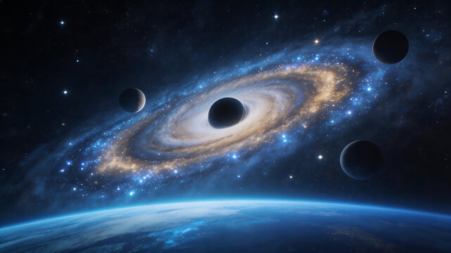 Galaxy with planets and black hole highlighting environmental conservation and serenity