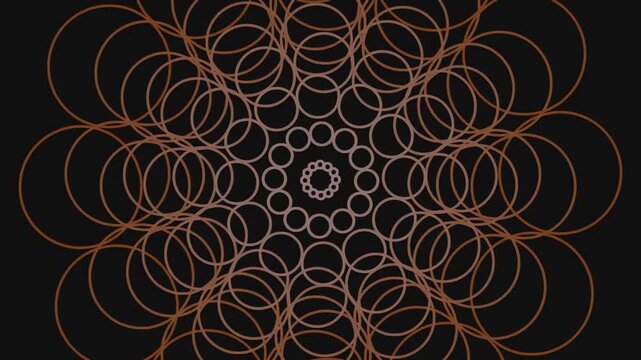 Intricate geometric mandala pattern composed of overlapping circles in a gradient of warm copper tones on black