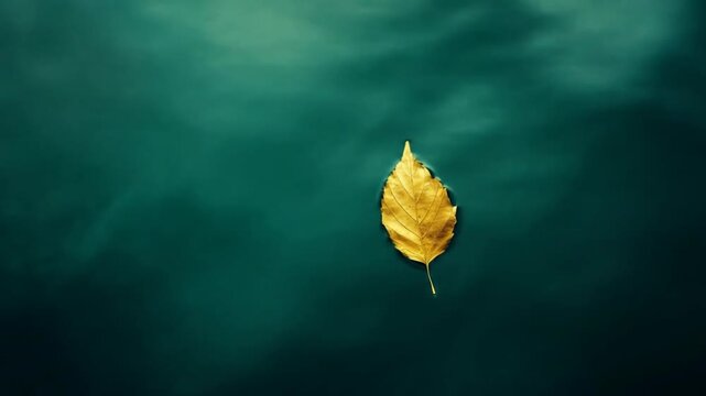 Floating autumn leaf on calm water surface peaceful nature scene