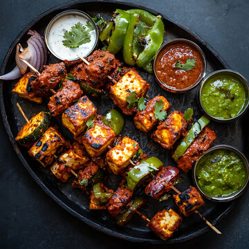 Delicious Paneer Tikka Skewers Served with Fresh Chutneys Onions and Indian Flavors.