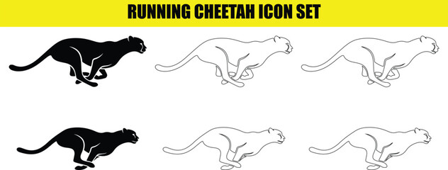 Running cheetah icon set with fast feline predator speed silhouettes. © MDMONIRUL