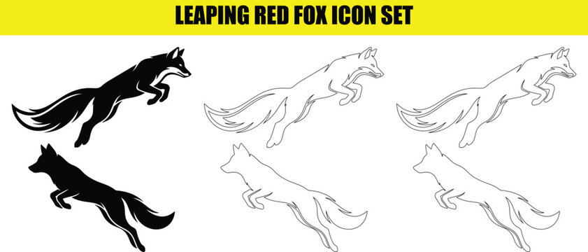 Leaping red fox icon set featuring jumping wildlife silhouettes and outlines.