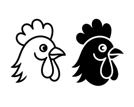 Minimalist vector illustration of two chicken head icons in contrasting black and white styles, featuring clean outlines and solid silhouette design for a simple, modern graphic set.