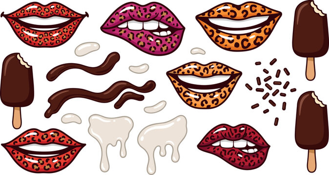 Leopard Print Lips and Chocolate Ice Cream Vector Element Set for Trendy Stickers, Fashion Graphic Design, Patterns, and Pop Art Collages