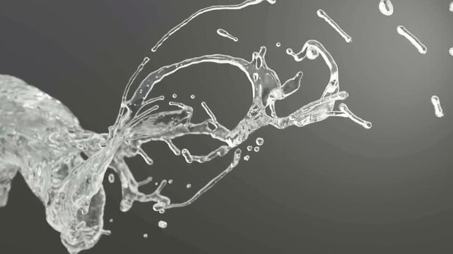 Dynamic 3D render of water swirling and forming complex splashes over a dark gradient.

