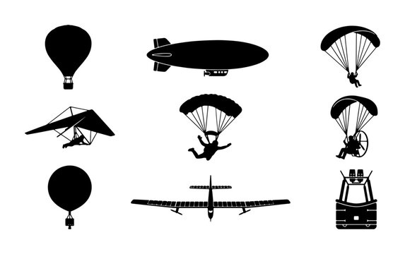 Vector Icons: Hot Air Balloon, Blimp, Parachute Jumper, Hang Glider, Ultralight Aircraft, Airplane, Airship, Skydiving, Aviation Set