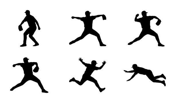 Baseball Pitcher Silhouettes, Dynamic Action Poses, Vector Set for Sports Graphics, Athlete Movement Collection