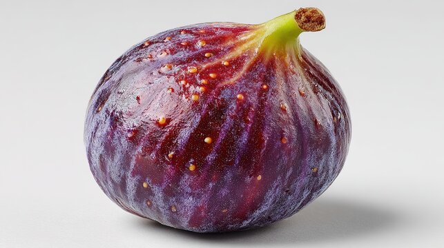 A whole fresh fig with a smooth purple surface and green stem, isolated on a white background 