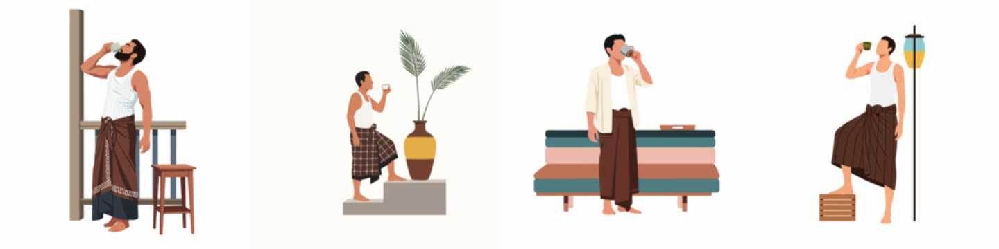 Set of flat illustrations of Southeast Asian men in traditional longyi sarongs drinking tea and relaxing in various minimalist settings.