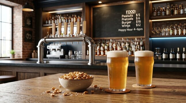 Two glasses of cold draft beer and a bowl of salted peanuts on a wooden table in a cozy pub