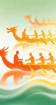 Gradient Orange Silhouette Dragon Boat Race Vertical Illustration, Rowing Crews on Dragon Boats, Rippling Water Dragon Boat Festival Art