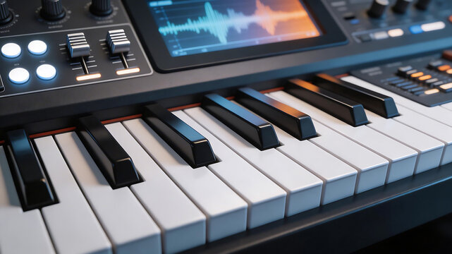 Closeup of a digital keyboard with controls symbolizing digital transformation and future innovation