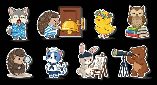 Colorful cartoon animals in various professions and activities.