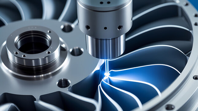 Aerospace CMM probe with sapphire blue laser scanning turbine component