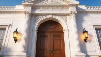 Obraz premium Classic white building entrance with wooden door perfect for scenic backgrounds and natural storytelling