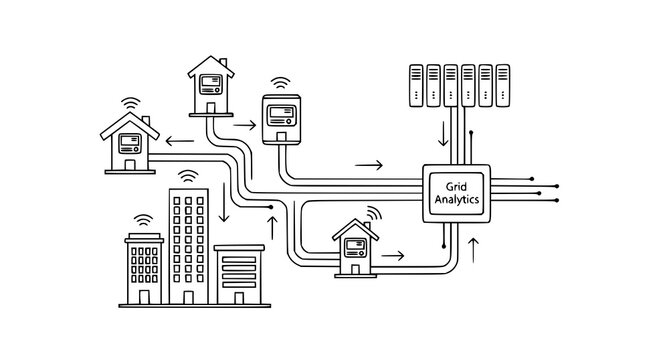 Smart grid analytics and building management network diagram showing data flow between residential homes and commercial buildings for energy distribution tracking