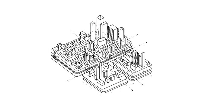 Isometric line art illustration of urban city planning and smart district development showing layered architectural structures and infrastructure connectivity