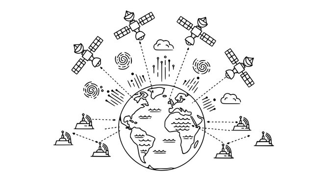 Global communication network diagram featuring satellites and ground stations for satellite internet coverage and telecommunications connectivity across Earth