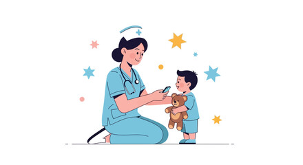 Fototapeta premium Caring Nurse with Child Holding Teddy Bear, Illustration of Healthcare and Childhood