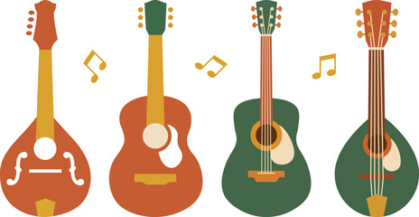 Fototapeta premium Acoustic String Instruments Vector Set. Folk Music with Guitar, Mandolin and Ukulele.