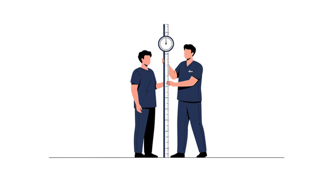 Doctor measures patient's height with stadiometer in medical clinic, illustrating health check-up and healthcare services.