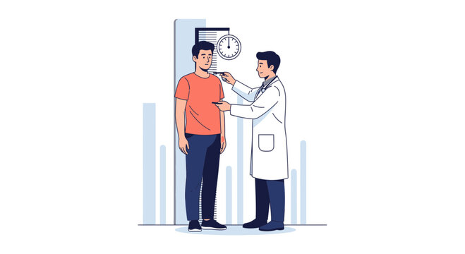 Doctor measuring man's height using stadiometer and scale, medical check-up concept