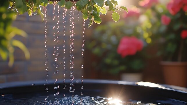 Rain chain in use with cascading drops metal shine and garden mood ideal for function or design visuals