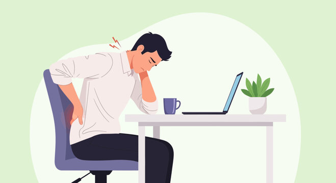 Man with back and neck pain at desk with laptop