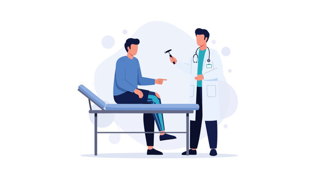Doctor examining patient's knee with reflex hammer, medical check-up and diagnostics concept