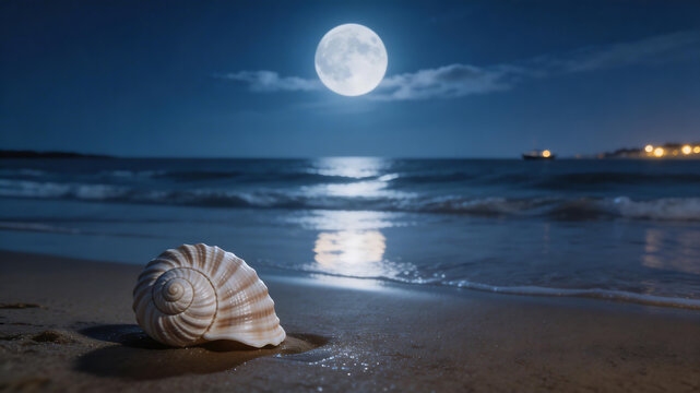 Moonlit beach with seashell ideal for travel vlogs and eco-friendly campaigns