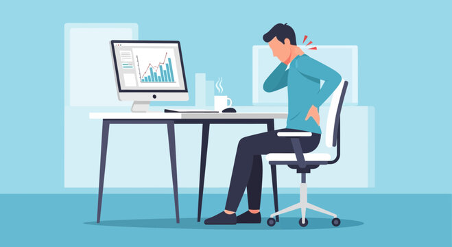 Man with neck and back pain at computer workstation, office health