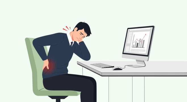 Office worker suffering from back and neck pain at computer desk