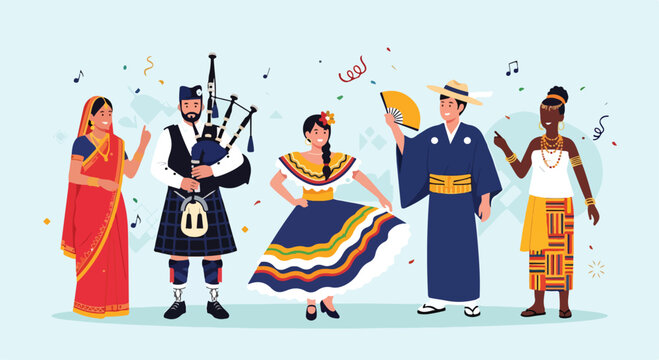 A colorful illustration of people wearing traditional clothing from different cultures