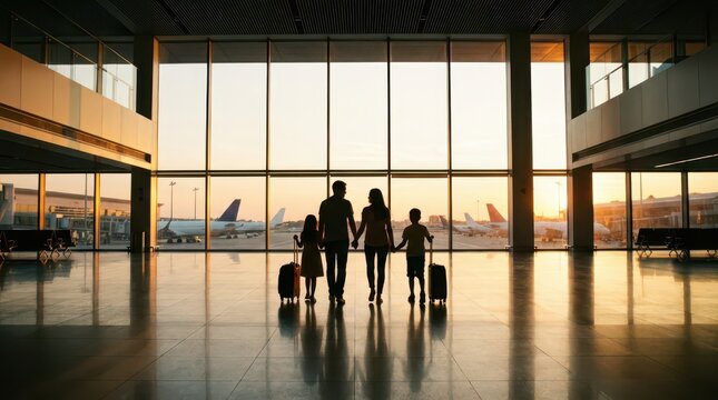 Family walking through airport terminal toward airplanes at sunset with luggage for travel poster and background use