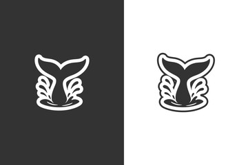 A minimalist, graphic representation of a whales tail fin breaking through stylized water waves © DzgnVibe