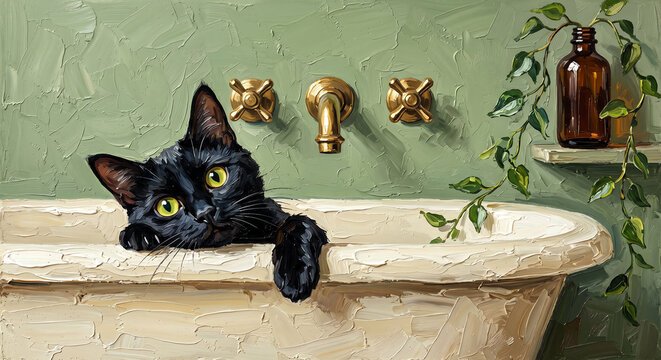 Textured impasto oil painting of a curious black cat peeking over the edge of a vintage bathtub