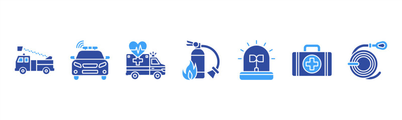 Emergency services icons featuring Fire Truck, Police Car, Ambulance, Fire Extinguisher, Siren, First Aid Kit, Rescue Rope. © Dewi Sari