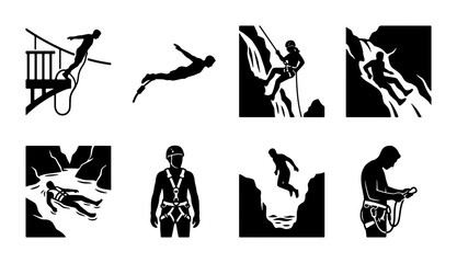 Extreme Sports Icons Set: Bungee Jumping, Rock Climbing, Canyoning, Rappelling, Adventure Vector Graphics for Outdoor Activity Concepts © Hasan