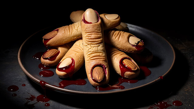 Scary finger cookie on plate. Delicious treats decorated for Halloween party. Homemade shortbread in shape of human hand finger with almond nail and red jam blood against dark background.
