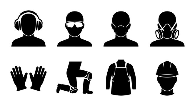 Set of 8 Black Silhouette Icons Representing Personal Protective Equipment (PPE) for Safety and Industrial Work, Including Ear Protection, Goggles, Masks, Respirators, Gloves, Knee Pads, Aprons