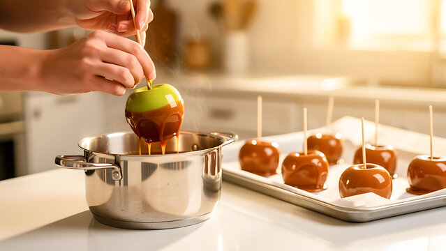 Woman dipping fresh apple into hot caramel in kitchen. Preparation of homemade candy apple for holiday treat. Culinary process of making sweet dessert snack with melted sauce.