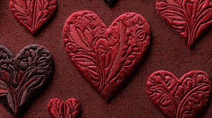 Fototapeta premium Elegant lace hearts on a rich crimson velvet texture