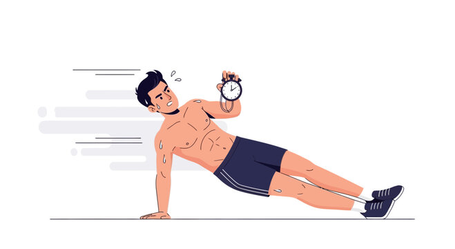 Man doing a side plank exercise while holding a stopwatch, showing determination and fatigue during a timed workout.
